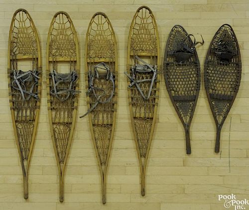 Three pair of snowshoes, two labeled L. L. Bean, longest - 58'' l.