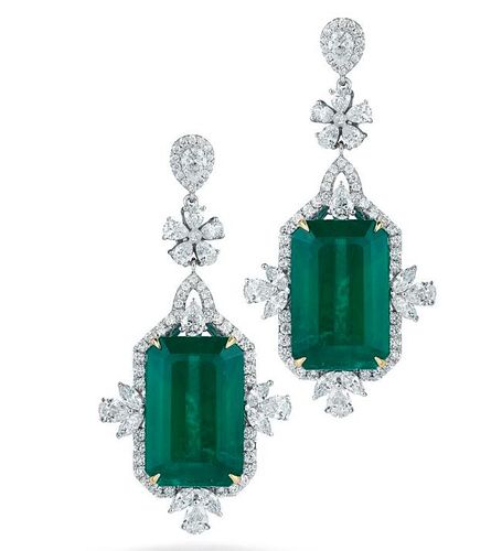 18K GOLD 55.0CTTW EMERALD AND DIAMOND EARRING