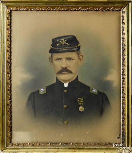 Post Civil War portrait of a soldier, late 19th c., wearing a kepi with WR insignia, 24'' x 20''.