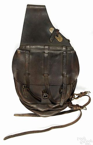 US marked leather saddle bags with three straps and buckles on each bag, each measures - 13'' h.