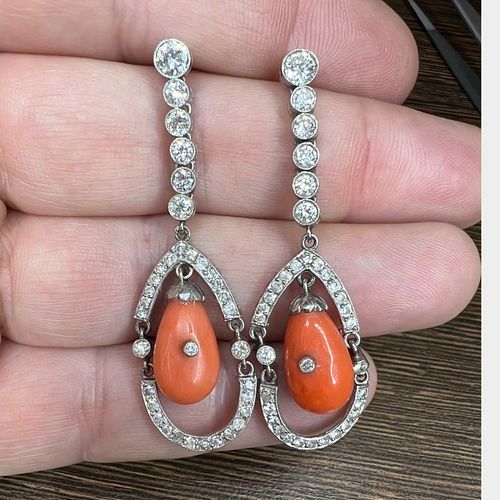 Platinum Diamond and Coral Earrings