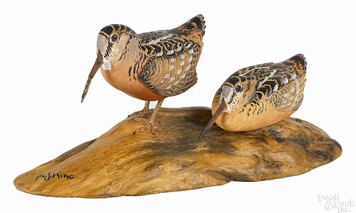 Allen J. King (1878-1963), carved and painted miniature pair of woodcocks