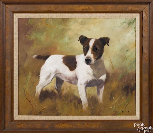 John Trickett (English, b. 1953), oil on canvas portrait of a Jack Russell terrier, signed
