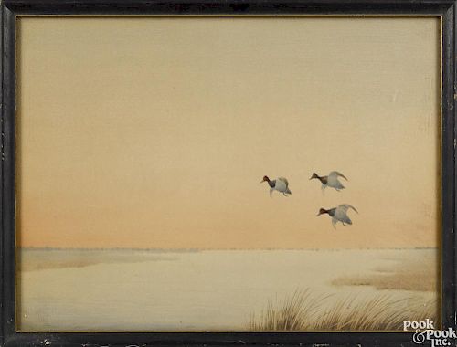 Joseph Day Knap (American 1875-1962), watercolor on paper of ducks in flight, signed lower right