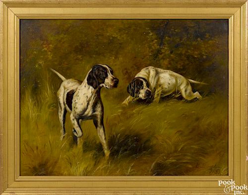 Oil on artist board of sporting dogs in the field, signed B. Baugh 1899, 18 3/4'' x 24 1/2''.