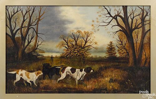 Oil on canvas sporting scene, 19th c., with sporting hounds pointing at a bevy of quail and hunter