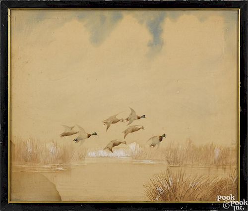 Joseph Day Knap (American 1875-1962), watercolor on paper of ducks in flight, signed lower right