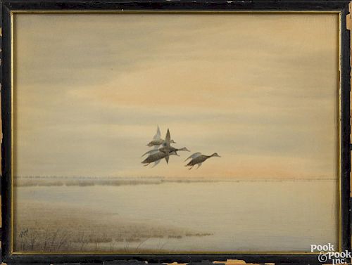 Joseph Day Knap (American 1875-1962), watercolor on paper of ducks in flight, signed lower left
