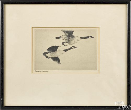 Frank W. Benson, etching of geese, titled Study of Geese, signed lower left, 4 1/4'' x 6 1/4''.
