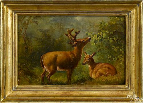 Oil on canvas landscape, 19th c., with a stag and doe, in a Ben Badura (New Hope, PA) frame