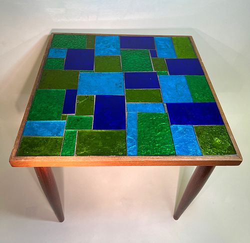 Green And Blue Mid-Century Modern Georges Briard Mosaic Glass Table, Signed