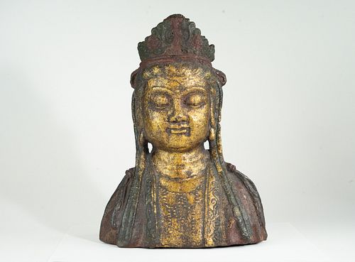 Antique Gilt Iron Quan Yin Bust Polychrome Buddha Statue