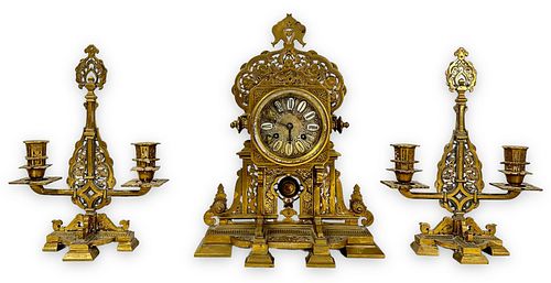 Antique French Brass Mantle Clock w/ Pair