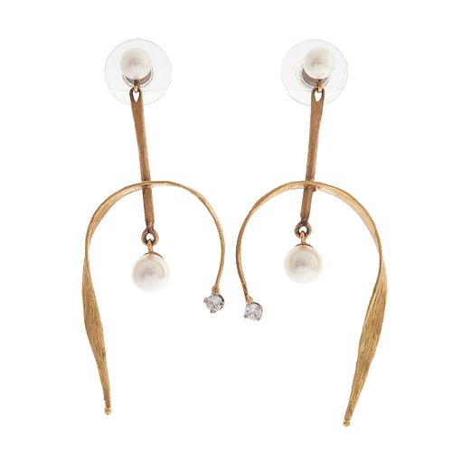 Pair of Diamond, Cultured Pearl, 14k Earrings