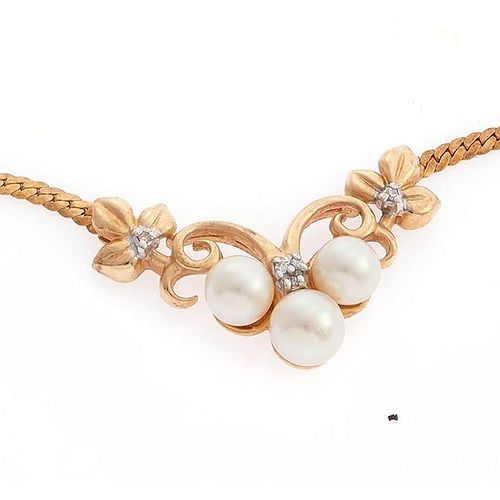 Diamond, Cultured Pearl, 14k Yellow Gold Necklace