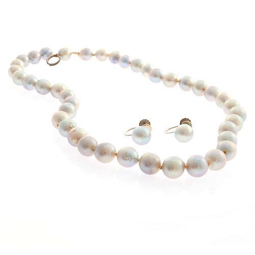 Cultured Pearl, 14k, Sterling Silver Necklace and Pair of Earrings