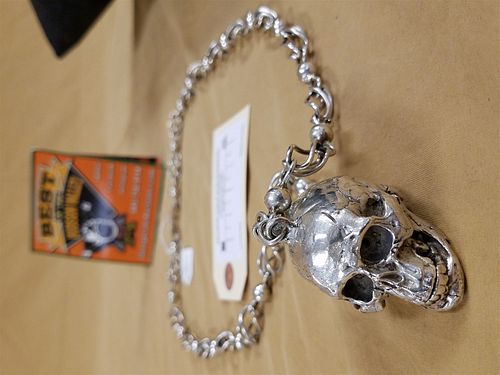 MEXICAN STERL. NECKLACE W/SKULL LOCKET PENDANT 4.86 OZT. 29"