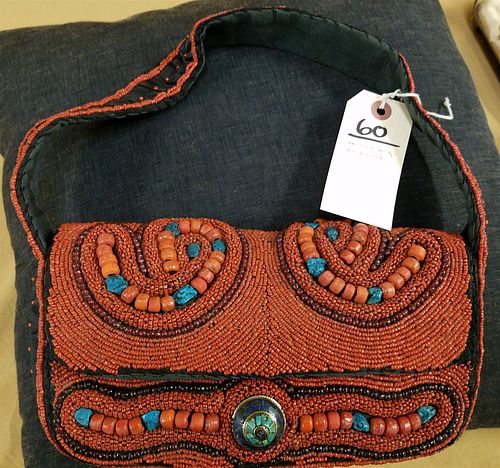 PURSE W/CORAL & TURQUOISE BEAD WORK