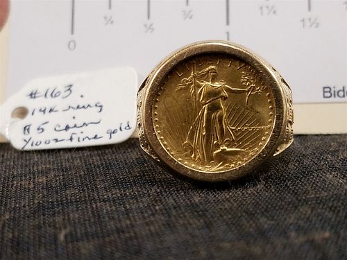 14K RING W/ $5 GOLD COIN 1/10 OZ FINE GOLD 6.8 OZT