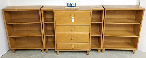 MID CENTURY BLONDE MOHAG. 3 SECTION DESK/BOOKCASE CENTER 41"H X 50"W X 14-1/2"D AND 2 41"H X 30"W X 11-3/4"D