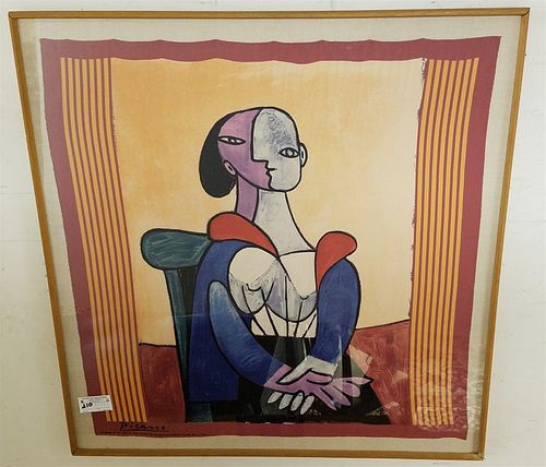 FRAMED PICASSO SILK SCARF AUTHORIZED BY THE HIERS OF PABLO PICASSO MARIGOLD ENTERPRISES 1981 34"X33"