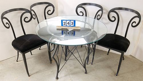 WROUGHT TABLE W/GLASS TOP 29-1/2"H X 3&apos;DIAM W/4 CHAIRS
