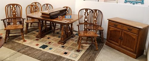 VIRGINIA HOUSE OAK 10 PC DINING SET-TABLE 42"W X 66"L W/ 2 LEAVES, 8 WINDSOR CHAIRS AND SERVER 32 1/2"H X 38 1/2"W X 16 1/2"