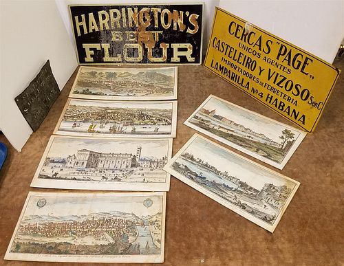 TRAY 6 18TH C HAND COLORED ENGR 2 VINTAGE ENAMEL SIGNS 9" X 20" AND BRASS STENCIL