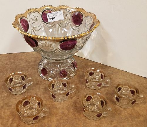 PRESSED GLASS PUNCH BOWL W/ 6 CUPS