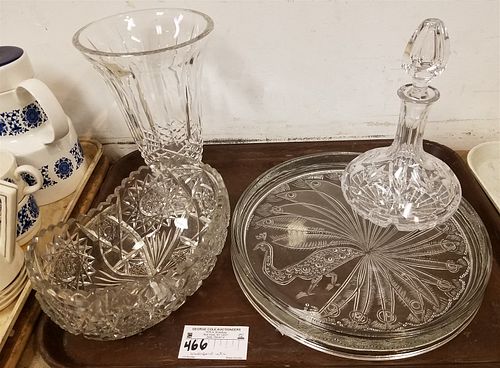 TRAY WTERFORD VASES 10"H X 6 1/2" DIAM, CUT DECANTER OVAL CUT GLASS BOWL 4 3/4"H X 9"W X 6 1/4"D AND PRESSED GLASS PEACOK TRAY 1 3/4"H X 12 1/2" DIAM