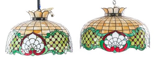 Near Pair of Leaded Glass Hanging Lamps