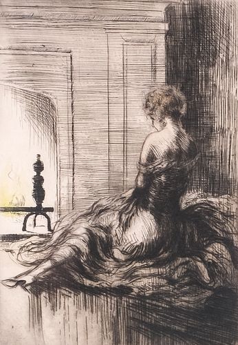 Louis Icart, "By the Fireplace" Etching (1926)