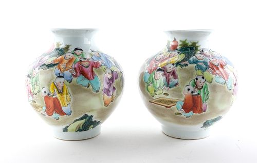 Pair of Handpainted Chinese Famille Rose Vases