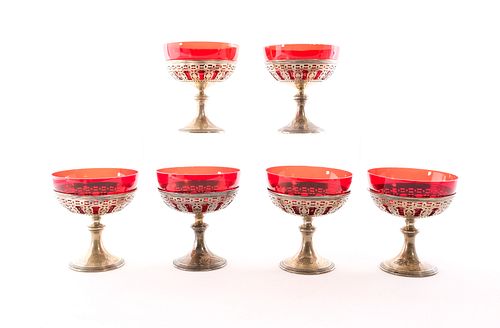 6 Tiffany Sterling & Ruby Glass Dessert Cups