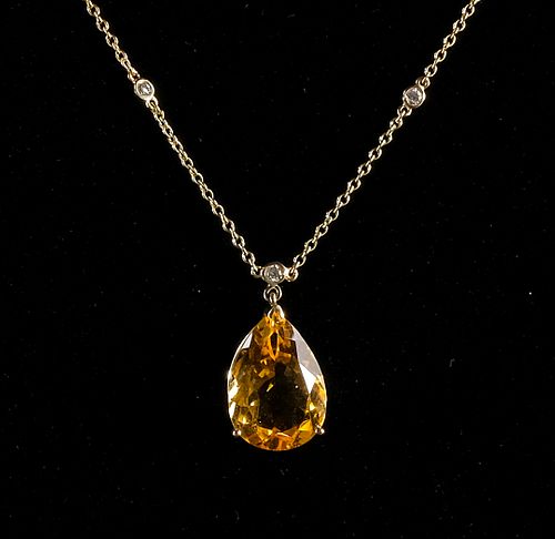 14K Yellow Gold Necklace w/ Citrine & Diamonds