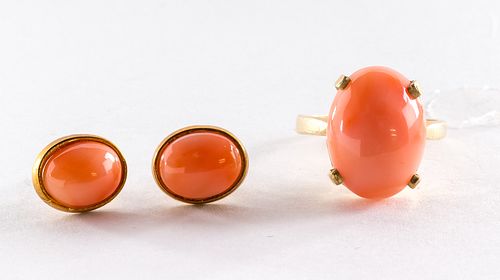 14K Gold & Coral Ring + Coral Earrings