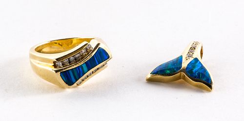 14K Gold, Blue Opal & Diamond Jewelry