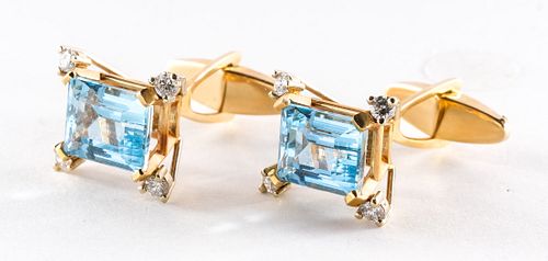 Pair of 14K Gold, Aquamarine & Diamond Cufflinks