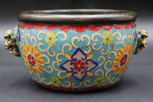 Signed Chinese Bronze Cloisonne Jardiniere.