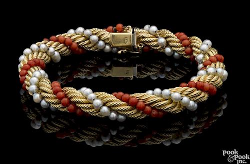 18K yellow gold, pearl, and coral rope bracelet, 8'' l., 18 dwt.