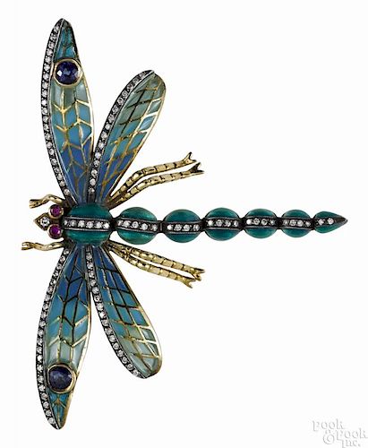 18K yellow gold, ruby, diamond, emerald, and sapphire dragonfly pin with diamond and sapphire
