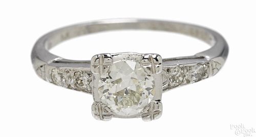 14K white gold and diamond engagement ring with an Old European cut central diamond