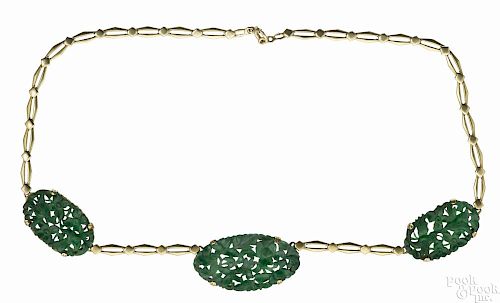 14K yellow gold and carved green jade necklace with three relief carved pendants
