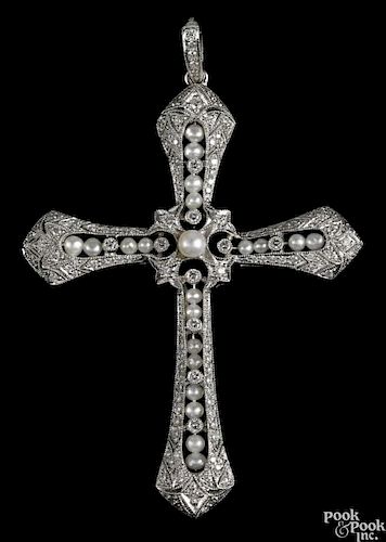 Platinum, diamond, and pearl cross pendant with open details, 2 1/4'' h., 8.8 dwt.