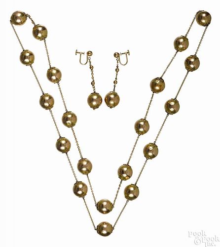 14K yellow gold beaded necklace and earring set, necklace - 16'' l., 25.1 dwt.