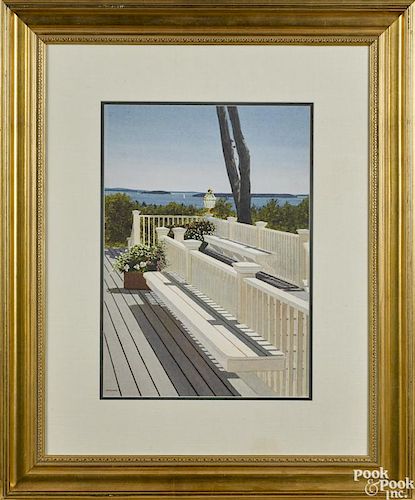 Thomas A. Newnam (Delaware, b. 1946), watercolor of a patio with sailboats in the background