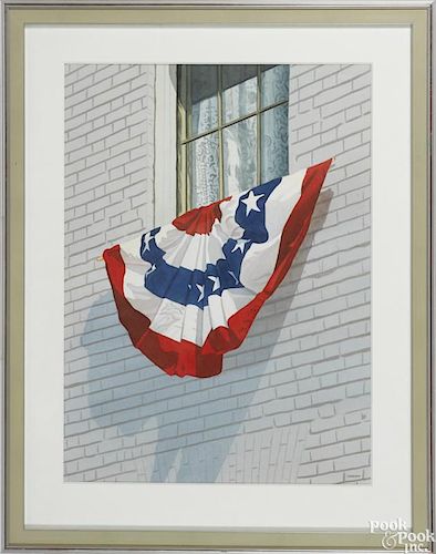 Thomas A. Newnam (Delaware b. 1946), watercolor depicting a patriotic bunting in a window, signed