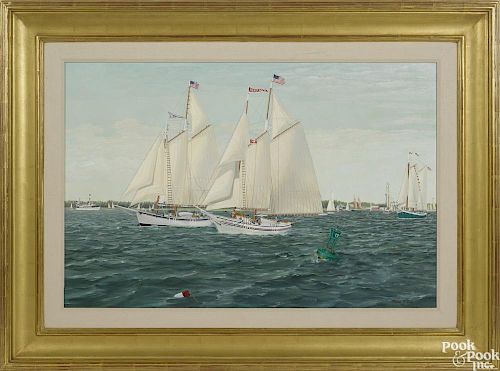 William R. Beebe (Maine 20th c.), oil on canvas, titled Timberwind and Heritage, of two boats