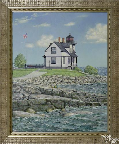 William R. Beebe (Maine 20th c.), oil on canvas, titled Maine Lighthouse, signed lower right