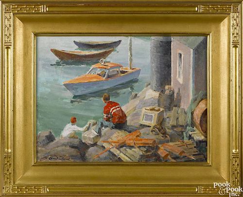 Edmund F. Ward (New York 1892-1991), oil on linen on board of a maritime scene, titled Dockside